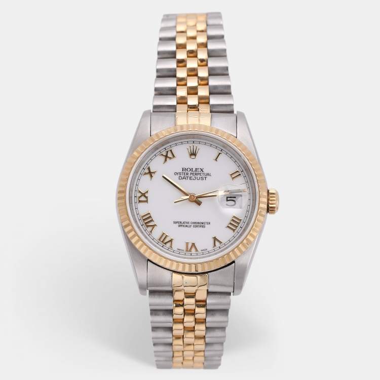Pre Owned Rolex White 18K Yellow Gold & Stainless Steel Datejust 16233 Automatic Unisex Wristwatch 35 mm