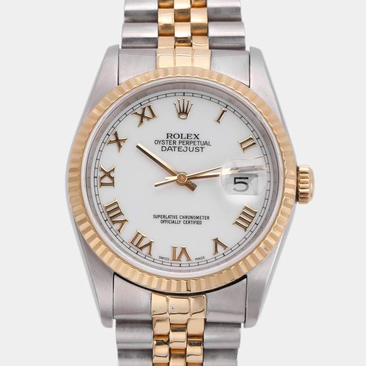 Pre Owned Rolex White 18K Yellow Gold & Stainless Steel Datejust 16233 Automatic Unisex Wristwatch 35 mm