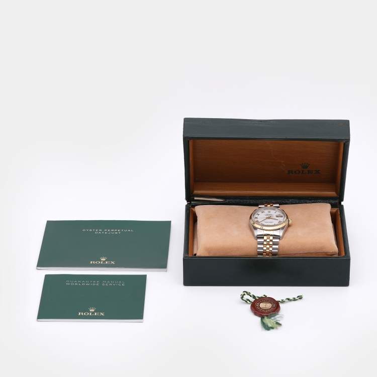Pre Owned Rolex White 18K Yellow Gold & Stainless Steel Datejust 16233 Automatic Unisex Wristwatch 35 mm