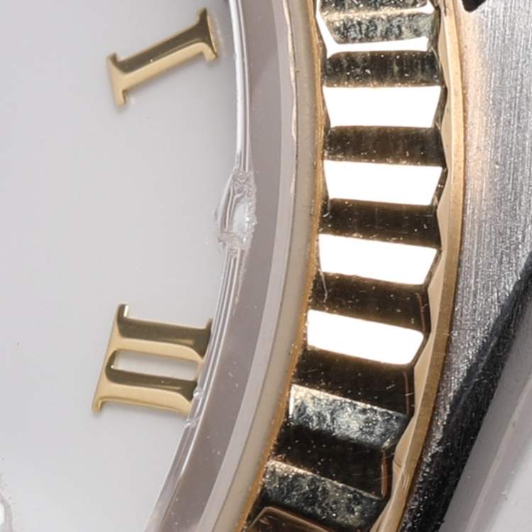 Pre Owned Rolex White 18K Yellow Gold & Stainless Steel Datejust 16233 Automatic Unisex Wristwatch 35 mm