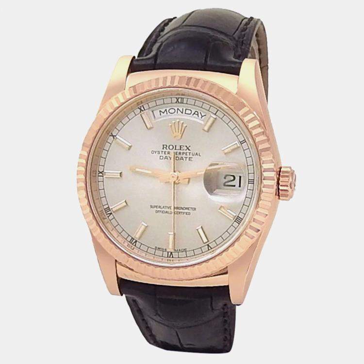 Pre Owned Rolex Day-Date 118135 Automatic Silver 18K Rose Gold Men’s Wristwatch 36 mm