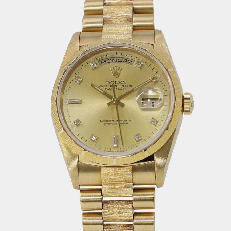 Pre Owned Rolex Day-Date 18248 Automatic Champagne 18k Yellow Gold Men's Wristwatch 36 mm