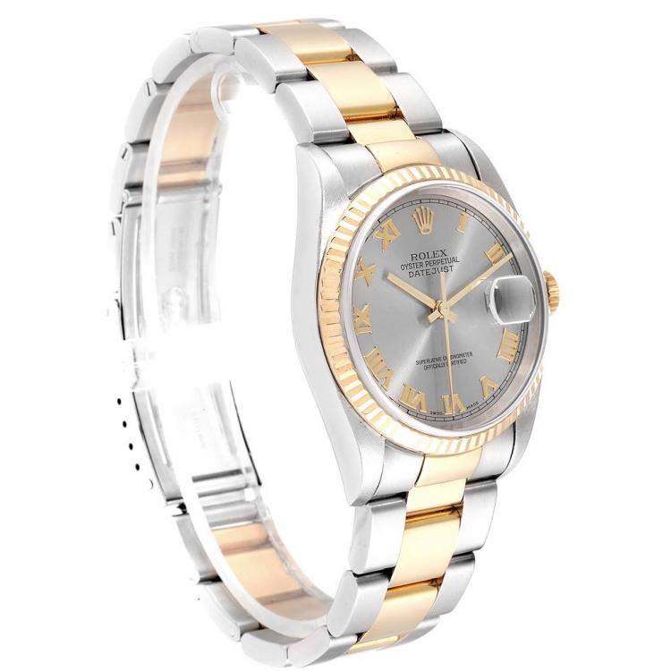 Pre Owned Rolex Slate 18K Yellow Gold and Stainless Steel Datejust 16233 Men's Wristwatch 36MM