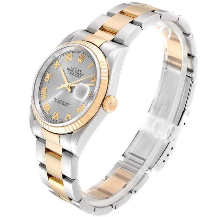 Pre Owned Rolex Slate 18K Yellow Gold and Stainless Steel Datejust 16233 Men's Wristwatch 36MM