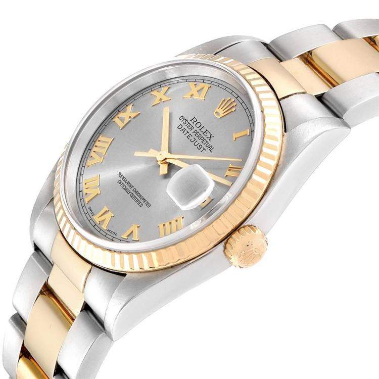 Pre Owned Rolex Slate 18K Yellow Gold and Stainless Steel Datejust 16233 Men's Wristwatch 36MM