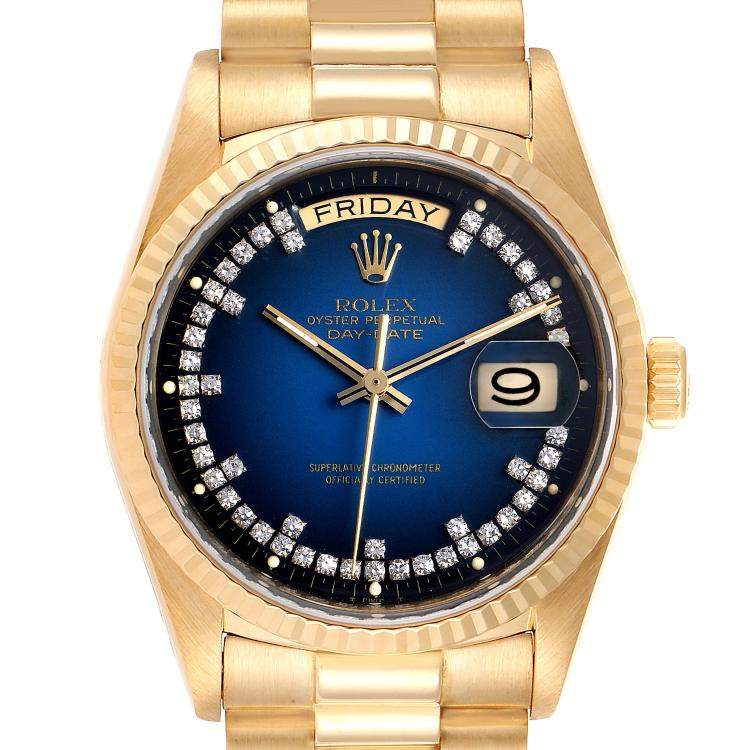Pre Owned Rolex Blue Diamonds 18K Yellow Gold President Day-Date 18038 Men's Wristwatch 36 MM