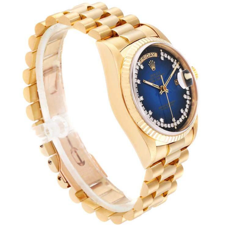 Pre Owned Rolex Blue Diamonds 18K Yellow Gold President Day-Date 18038 Men's Wristwatch 36 MM