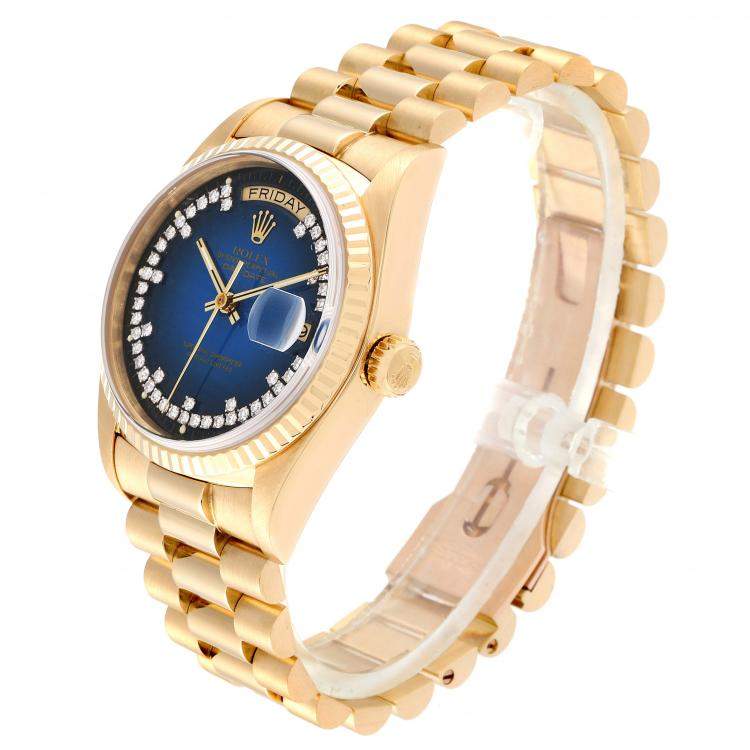 Pre Owned Rolex Blue Diamonds 18K Yellow Gold President Day-Date 18038 Men's Wristwatch 36 MM