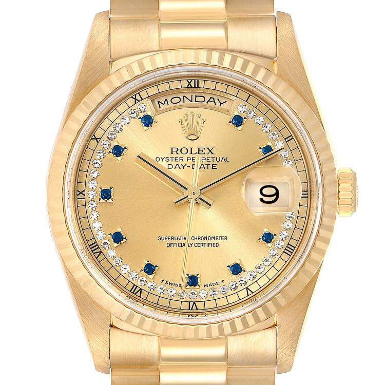 Pre Owned Rolex Champagne Blue Sapphire Diamonds 18K Yellow Gold President Day-Date 18238 Men's Wristwatch 36 MM