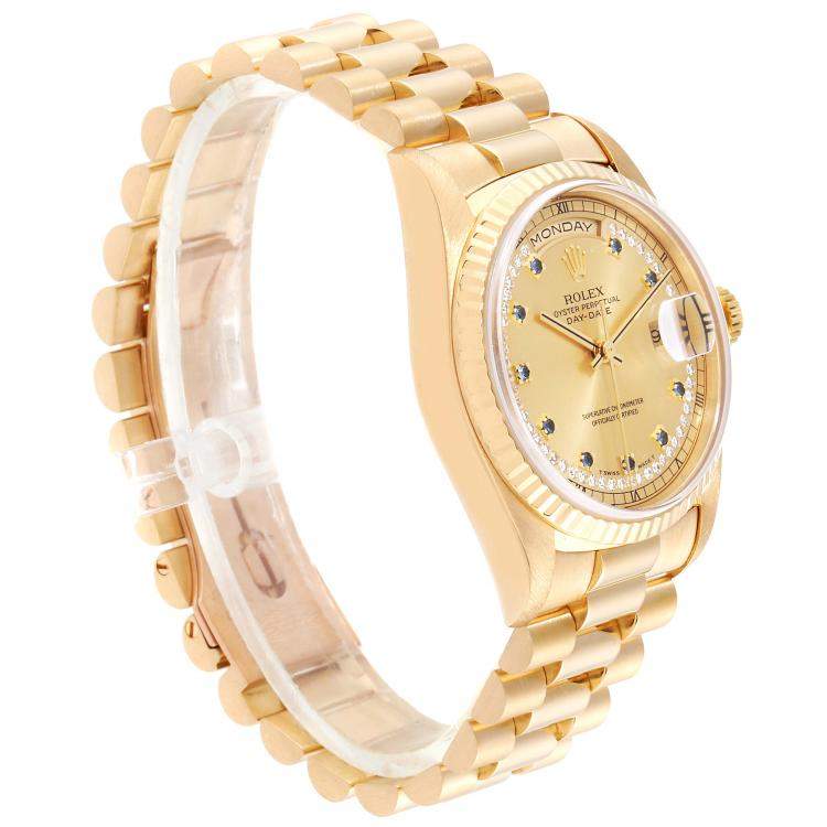 Pre Owned Rolex Champagne Blue Sapphire Diamonds 18K Yellow Gold President Day-Date 18238 Men's Wristwatch 36 MM