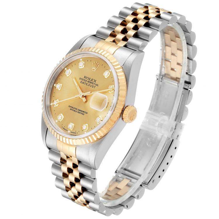 Pre Owned Rolex Champagne Diamonds 18K Yellow Gold And Stainless Steel Datejust 16233 Men's Wristwatch 36 MM