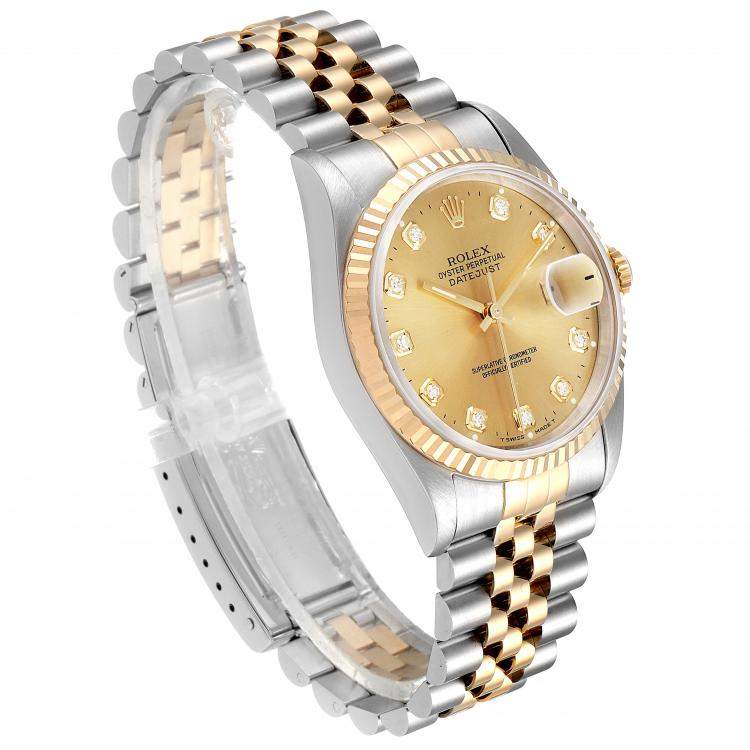 Pre Owned Rolex Champagne Diamonds 18K Yellow Gold And Stainless Steel Datejust 16233 Men's Wristwatch 36 MM