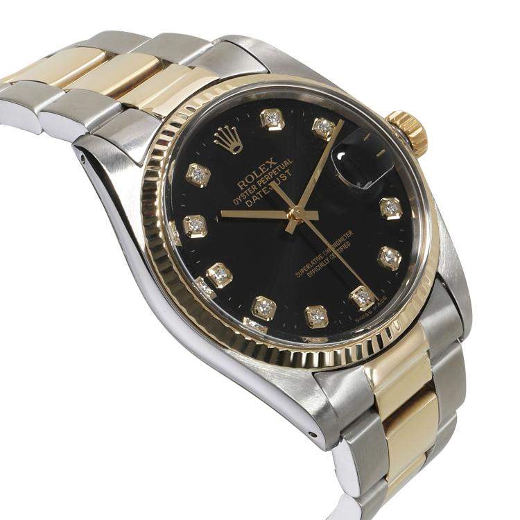 Pre Owned Rolex Black Diamonds 18K Yellow Gold And Stainless Steel Datejust 16013 Men's Wristwatch 36 MM
