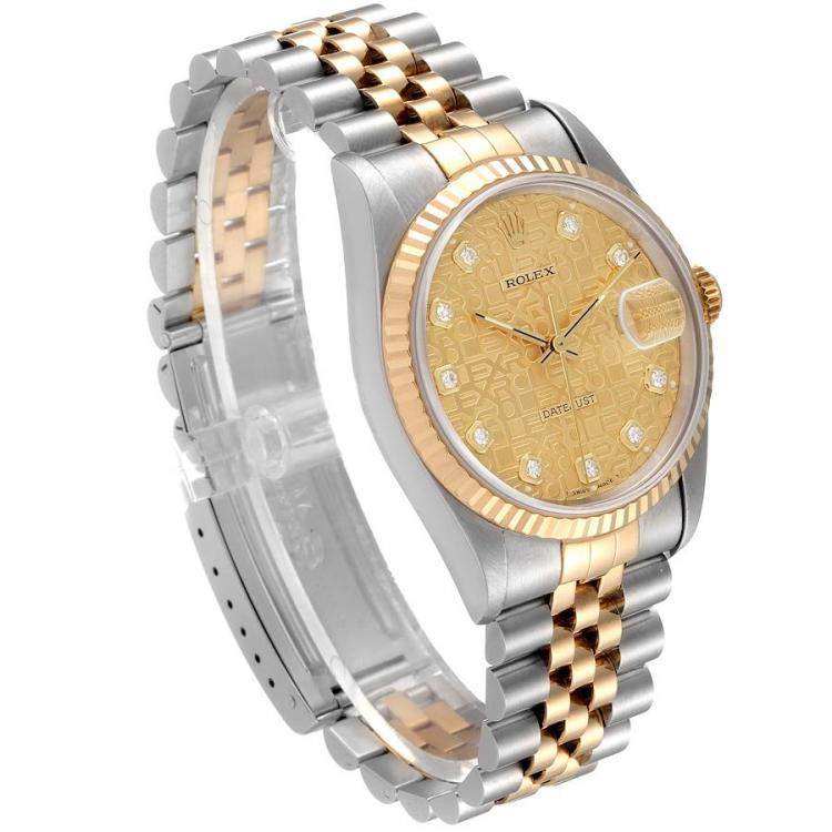 Pre Owned Rolex Champagne Diamonds 18K Yellow Gold And Stainless Steel Datejust 16233 Men's Wristwatch 36 MM