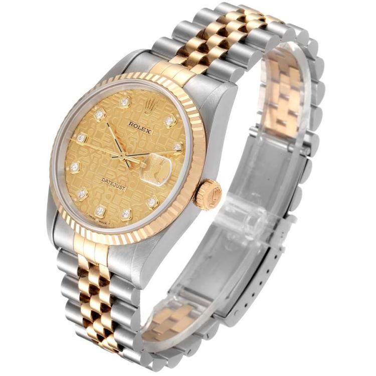 Pre Owned Rolex Champagne Diamonds 18K Yellow Gold And Stainless Steel Datejust 16233 Men's Wristwatch 36 MM