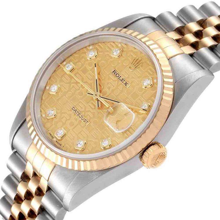 Pre Owned Rolex Champagne Diamonds 18K Yellow Gold And Stainless Steel Datejust 16233 Men's Wristwatch 36 MM