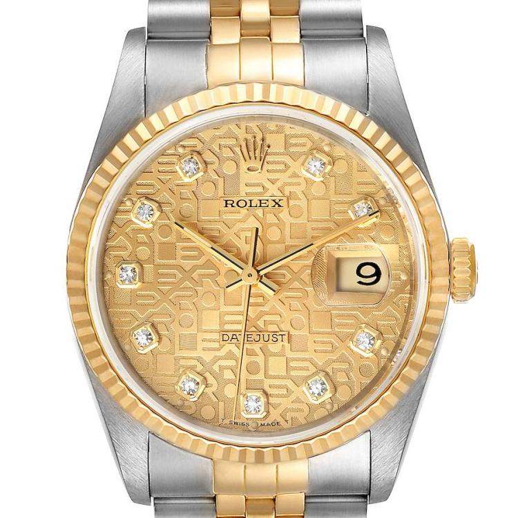 Pre Owned Rolex Champagne Diamonds 18K Yellow Gold And Stainless Steel Datejust 16233 Men's Wristwatch 36 MM
