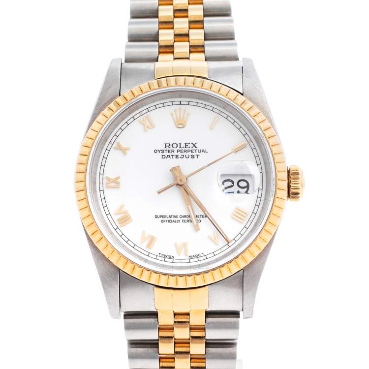 Pre Owned Rolex White 18K Yellow Gold & Stainless Steel Datejust 16233 Automatic Unisex Wristwatch 35 mm
