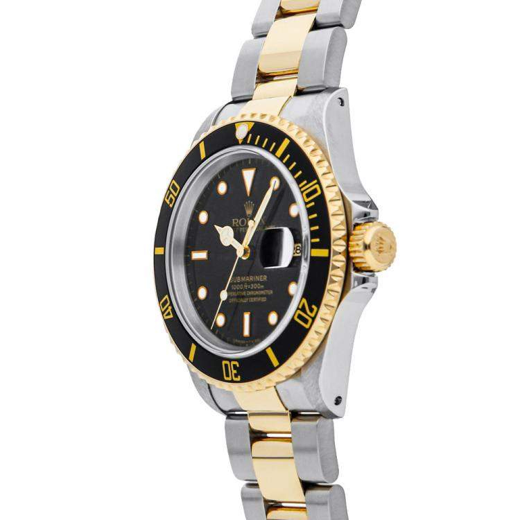 Pre Owned Rolex Black 18k Yellow Gold And Stainless Steel Submariner Date 16613 Men's Wristwatch 40 MM