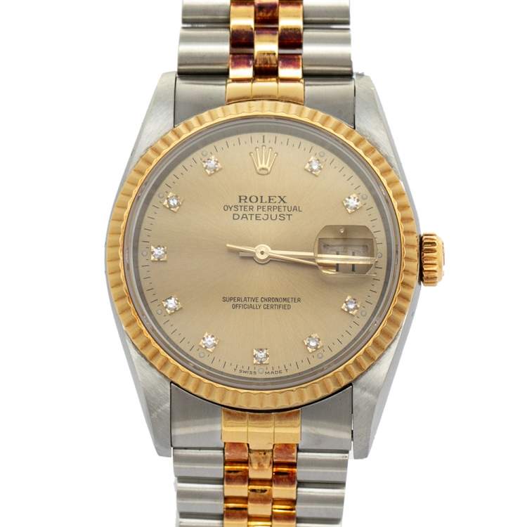 Pre Owned Rolex Champagne 18K Yellow Gold & Stainless Steel Diamond Datejust 16233 Men's Wristwatch 36 mm