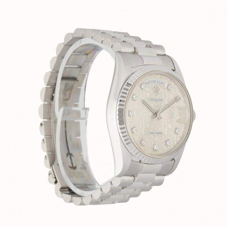 Pre Owned Rolex Silver Diamonds 18K White Gold Day-Date 18239 Men's Wristwatch 36 MM