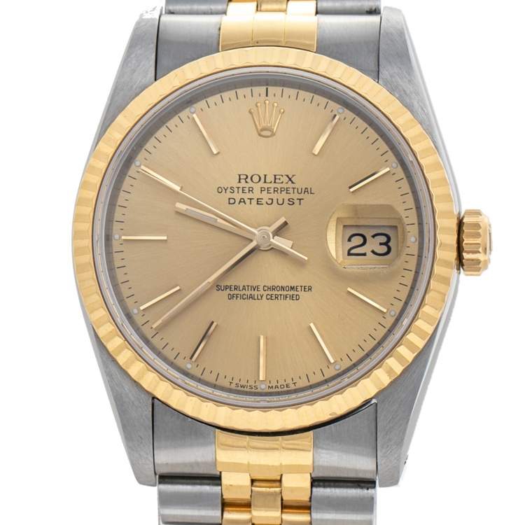 Pre Owned Rolex Champagne 18K Yellow Gold & Stainless Steel Datejust 16233 Automatic Unisex Wristwatch 36 mm
