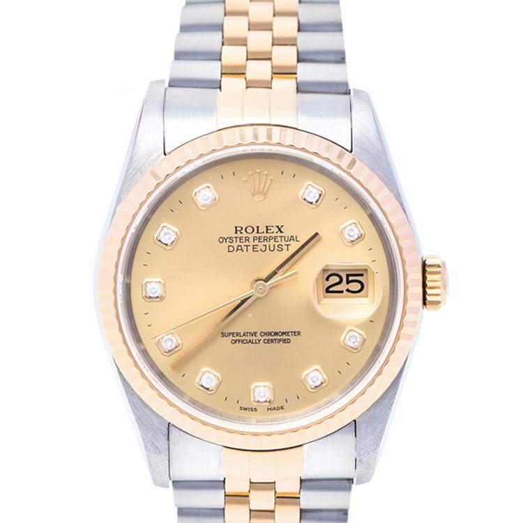 Pre Owned Rolex Champagne 18K Yellow Gold & Stainless Steel Diamonds Datejust 16233 Automatic Men's Wristwatch 36 mm