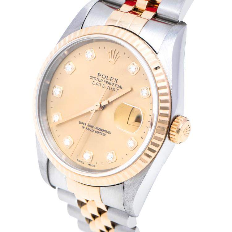 Pre Owned Rolex Champagne 18K Yellow Gold & Stainless Steel Diamonds Datejust 16233 Automatic Men's Wristwatch 36 mm