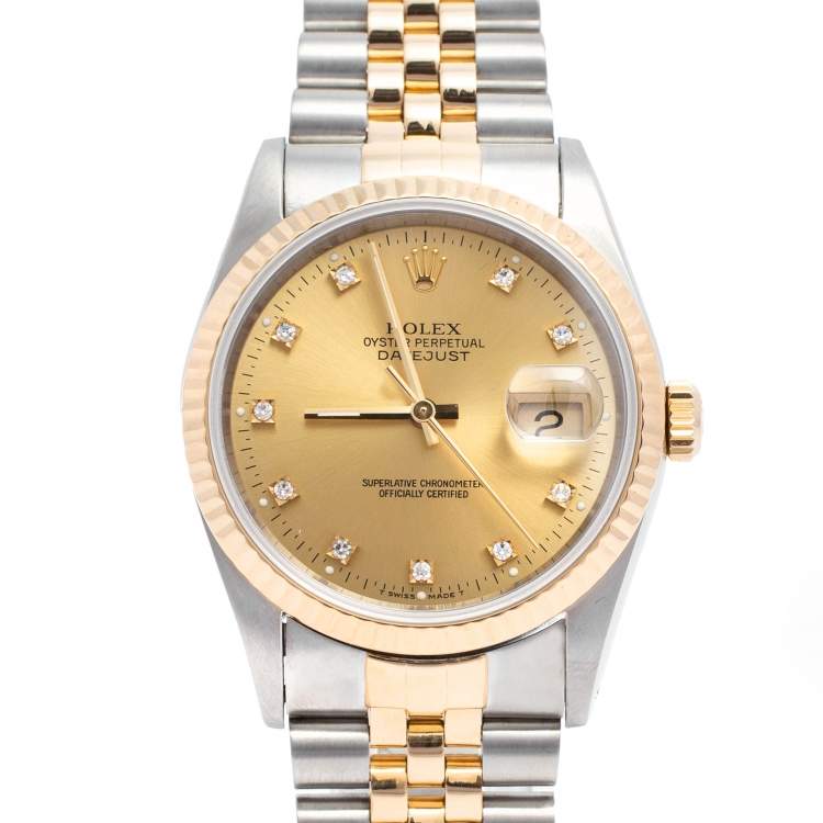 Pre Owned Rolex Champagne 18k Yellow Gold Stainless Steel Diamonds Datejust 16233 Men's Wristwatch 36 mm