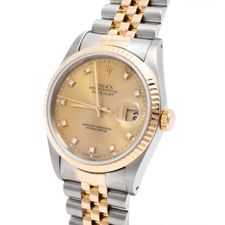 Pre Owned Rolex Champagne 18k Yellow Gold Stainless Steel Diamonds Datejust 16233 Men's Wristwatch 36 mm