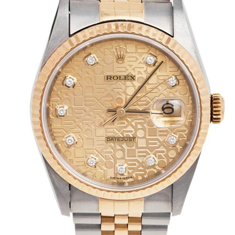 Pre Owned Rolex Champagne 18k Yellow Gold and Stainless Steel Diamonds 16233 Series Datejust Wristwatch 36 mm