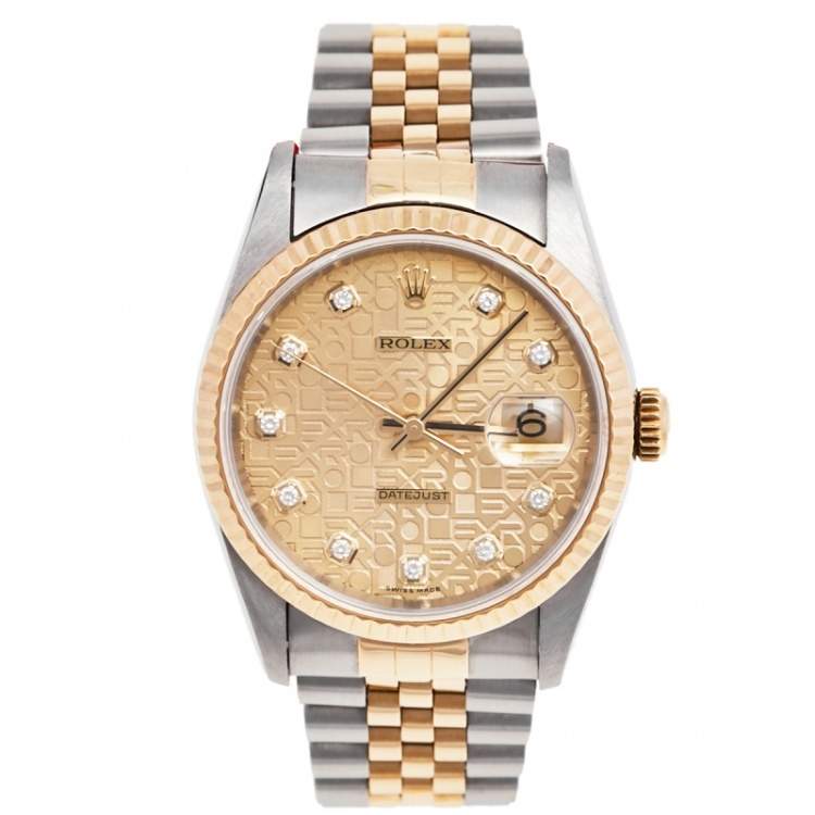 Pre Owned Rolex Champagne 18k Yellow Gold and Stainless Steel Diamonds 16233 Series Datejust Wristwatch 36 mm