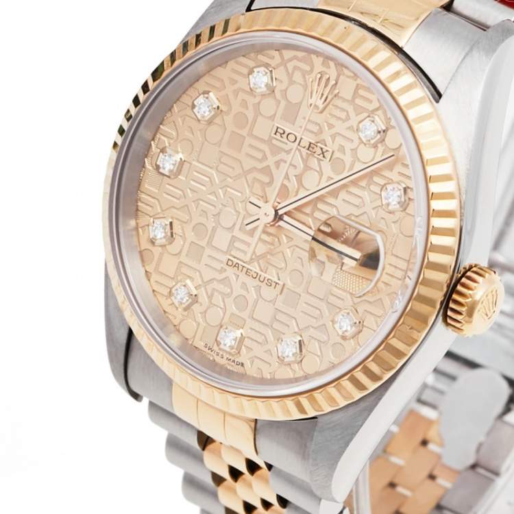 Pre Owned Rolex Champagne 18k Yellow Gold and Stainless Steel Diamonds 16233 Series Datejust Wristwatch 36 mm