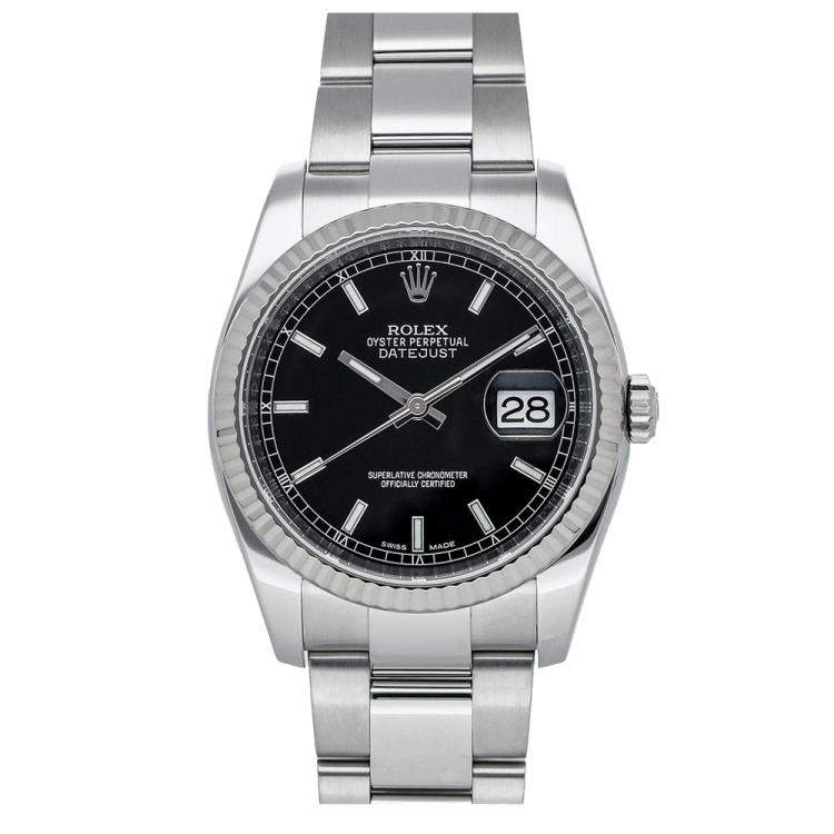 Pre Owned Rolex Black 18K White Gold And Stainless Steel Datejust 116234 Men's Wristwatch 36 MM