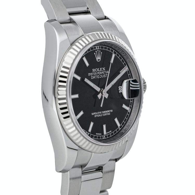 Pre Owned Rolex Black 18K White Gold And Stainless Steel Datejust 116234 Men's Wristwatch 36 MM