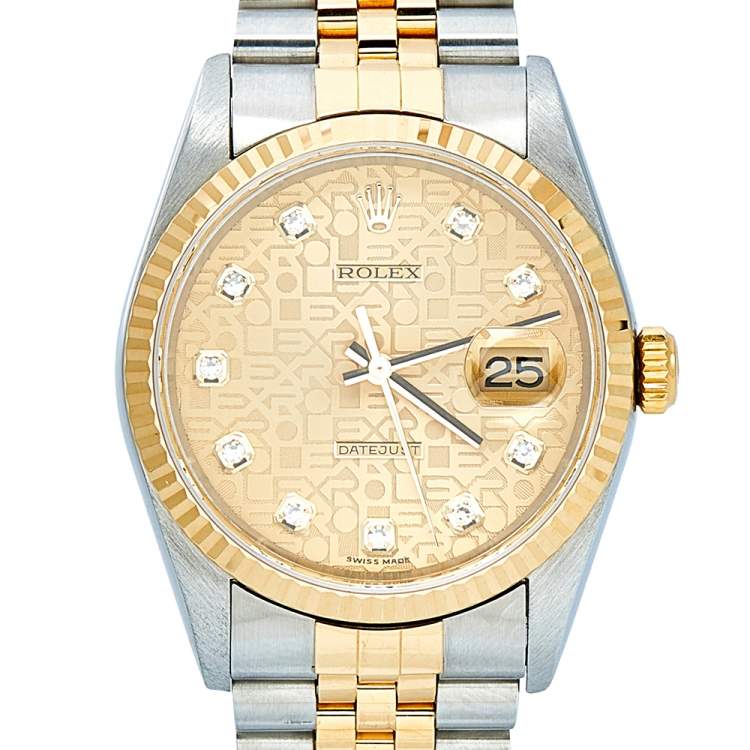 Pre Owned Rolex Champagne Diamonds 18K Yellow Gold And Stainless Steel Datejust 16233 Men's Wristwatch 36 mm