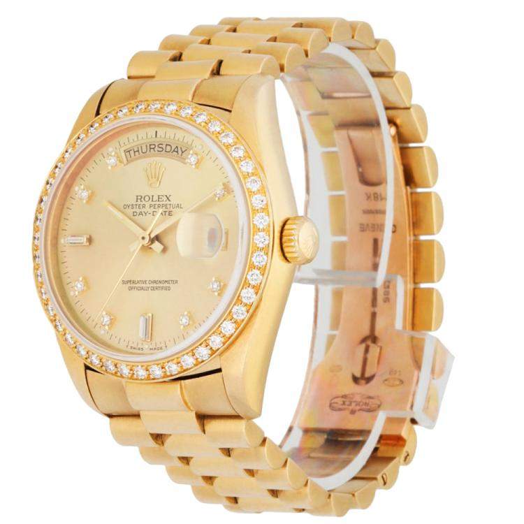 Pre Owned Rolex Champagne 18K Yellow Gold and Diamond Day Date President 18048 Men's Wristwatch 36 mm