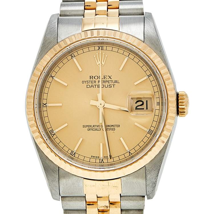 Pre Owned Rolex Champagne 18k Yellow Gold And Stainless Steel Datejust 16233 Men's Wristwatch 36 MM
