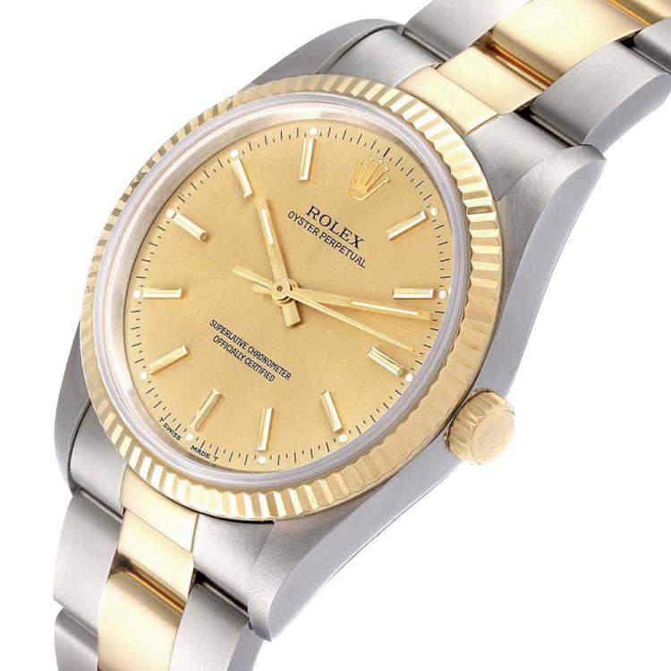 Pre Owned Rolex Champagne 18K Yellow Gold And Stainless Steel Oyster Perpetual 14233 Automatic Men's Wristwatch 36 MM
