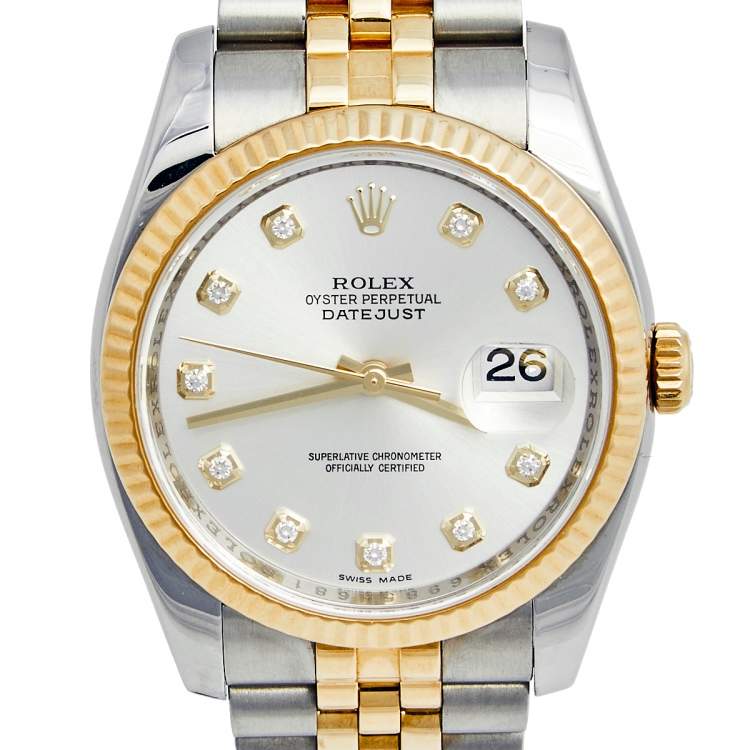 Pre Owned Rolex Silver Diamond 18K Yellow Gold Stainless Steel Datejust 116233 Men's Wristwatch 36 mm