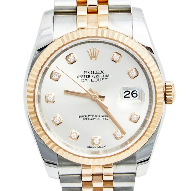 Pre Owned Rolex Silver Diamond 18k Rose Gold Stainless Steel Datejust 116231 Men's Wristwatch 36 mm
