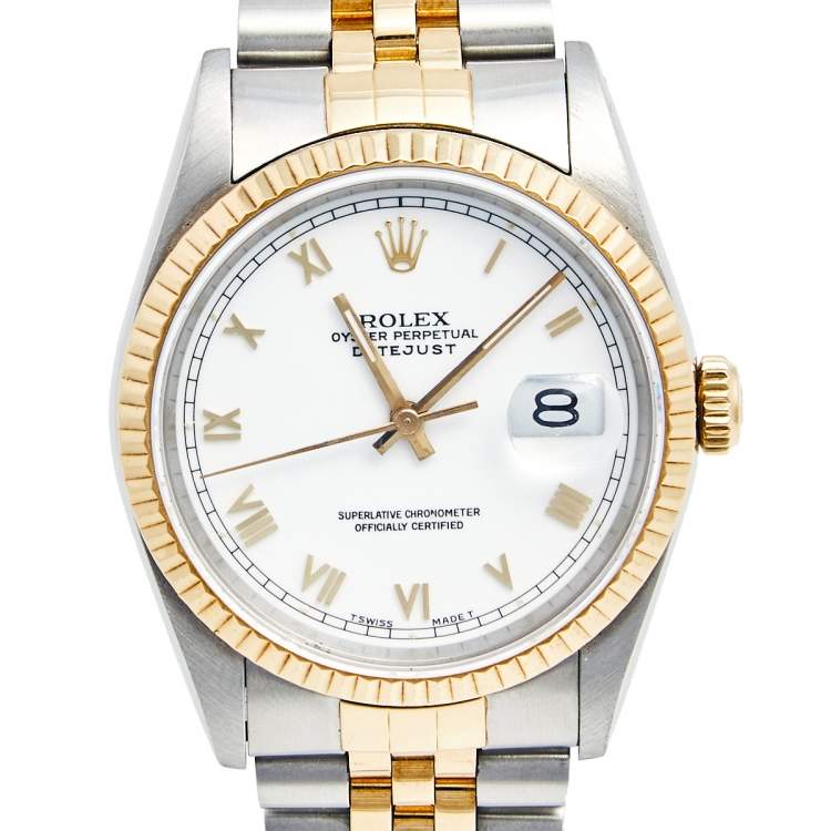 Pre Owned Rolex White 18K Yellow Gold & Stainless Steel Datejust 16233 Automatic Unisex Wristwatch 36 mm