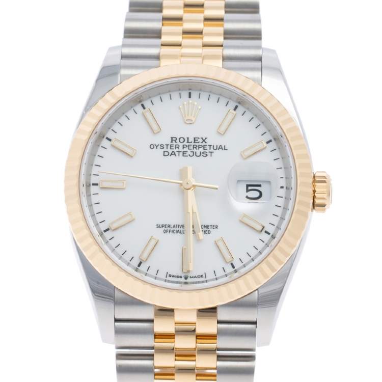 Pre Owned Rolex White 18k Yellow Gold Stainless Steel Datejust 126233-0019 Men's Wristwatch 36 mm