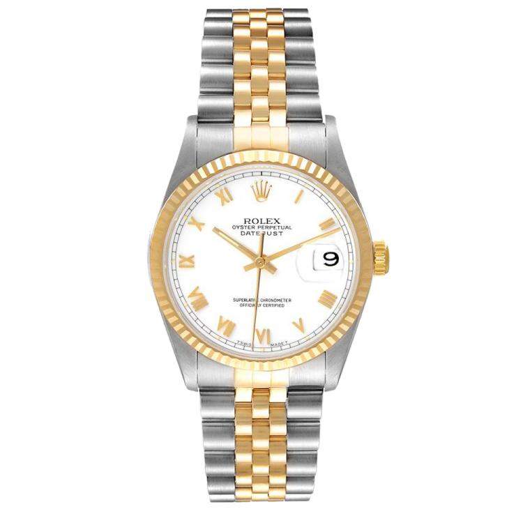 Pre Owned Rolex White 18K Yellow Gold And Stainless Steel Datejust 16233 Men's Wristwatch 36 MM