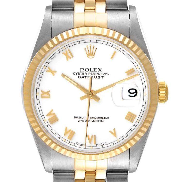 Pre Owned Rolex White 18K Yellow Gold And Stainless Steel Datejust 16233 Men's Wristwatch 36 MM