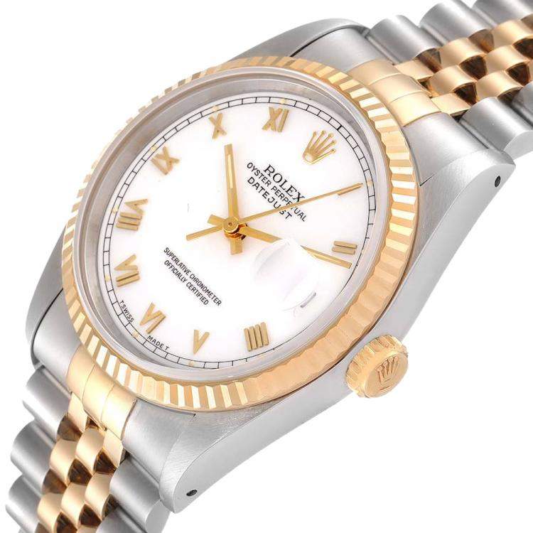 Pre Owned Rolex White 18K Yellow Gold And Stainless Steel Datejust 16233 Men's Wristwatch 36 MM