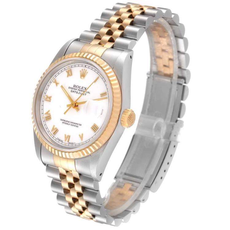 Pre Owned Rolex White 18K Yellow Gold And Stainless Steel Datejust 16233 Men's Wristwatch 36 MM