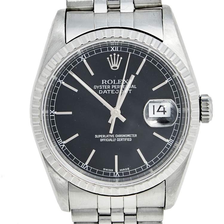 Pre Owned Rolex Black Stainless Steel Datejust 16220 Men's Wristwatch 36 mm