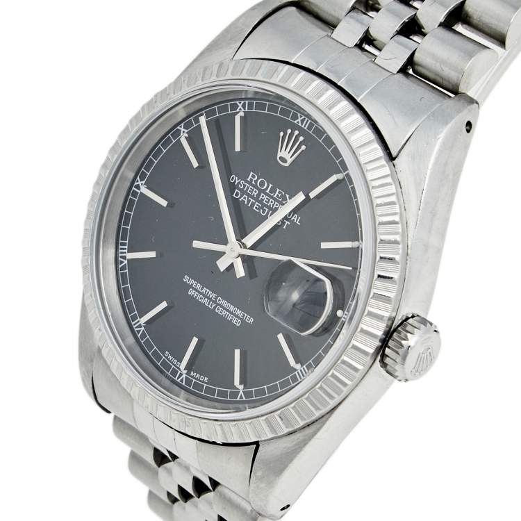 Pre Owned Rolex Black Stainless Steel Datejust 16220 Men's Wristwatch 36 mm
