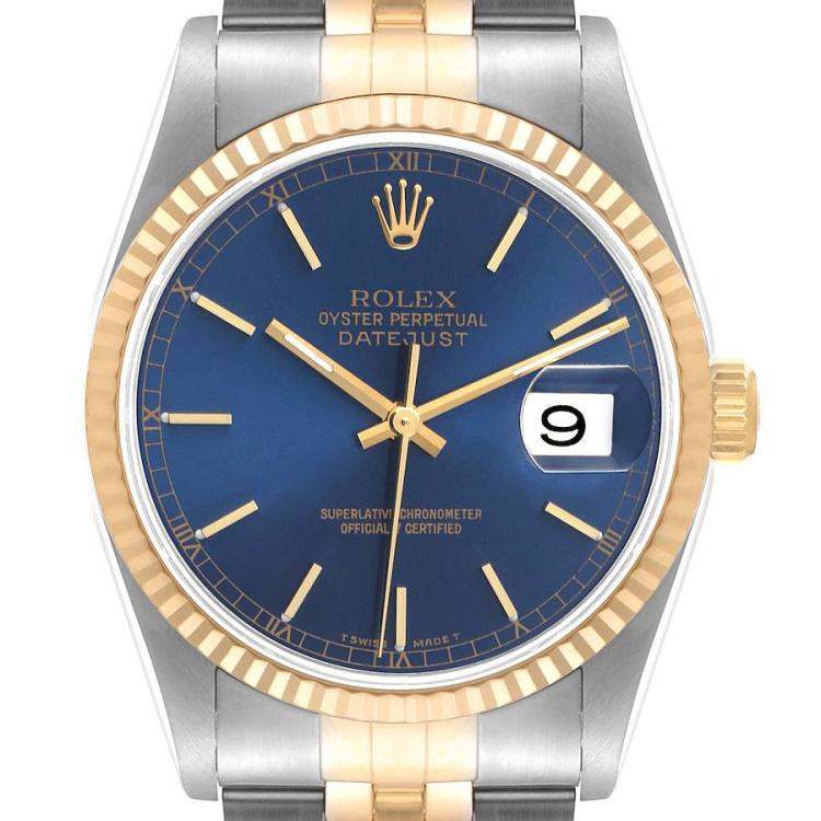 Pre Owned Rolex Blue 18K Yellow Gold And Stainless Steel Datejust 16233 Men's Wristwatch 36 MM